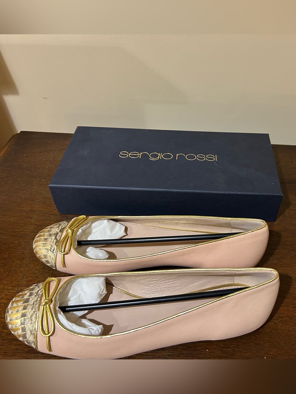 Sergio Rossi Blush Leather Ballet Flats with Gold Accent — never worn